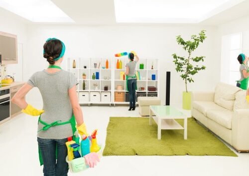 woman cleaning house at the same time in different places while one is supervising progress